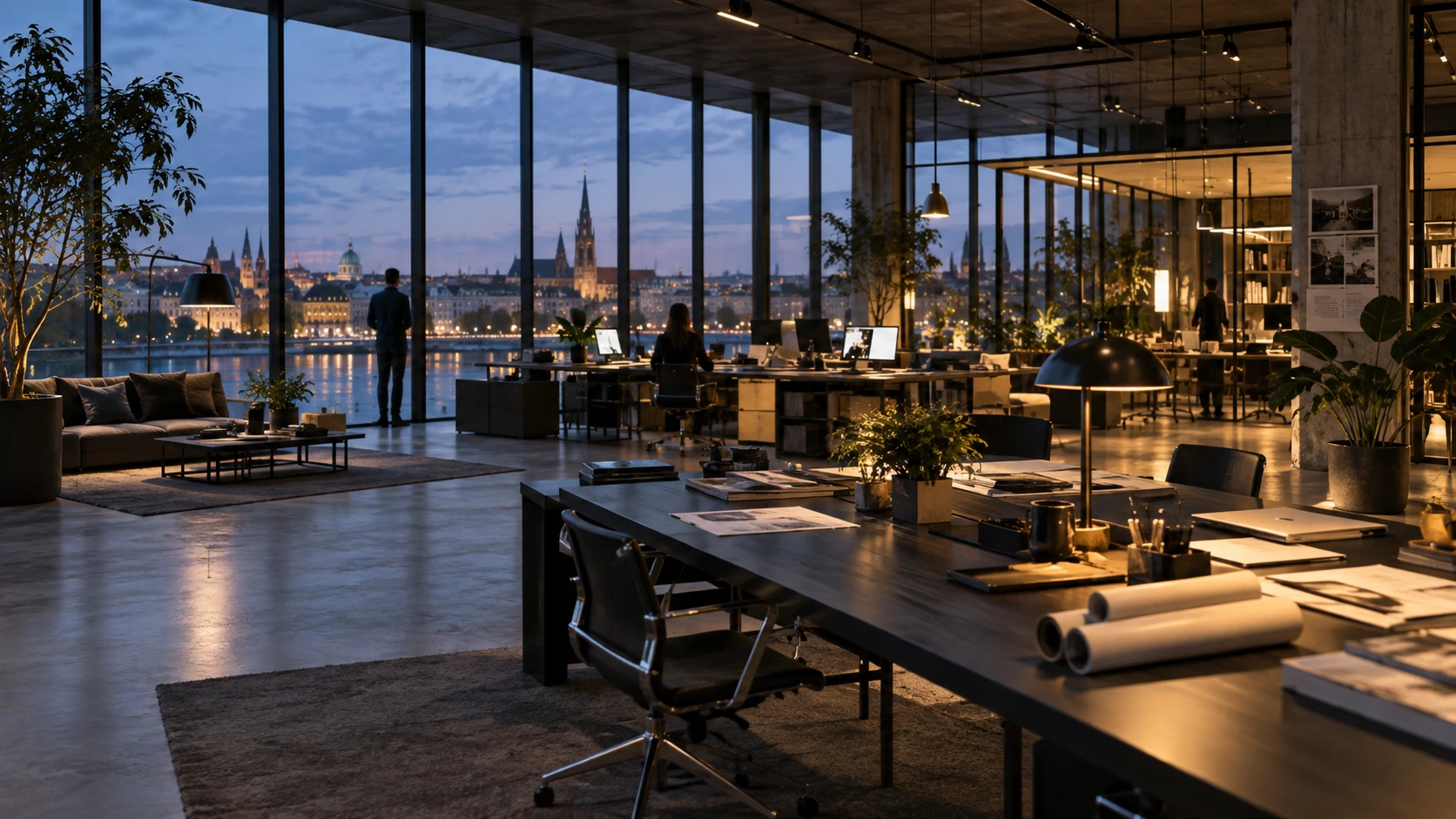 Illustratief interieur van een technologiestudio bij avondlicht