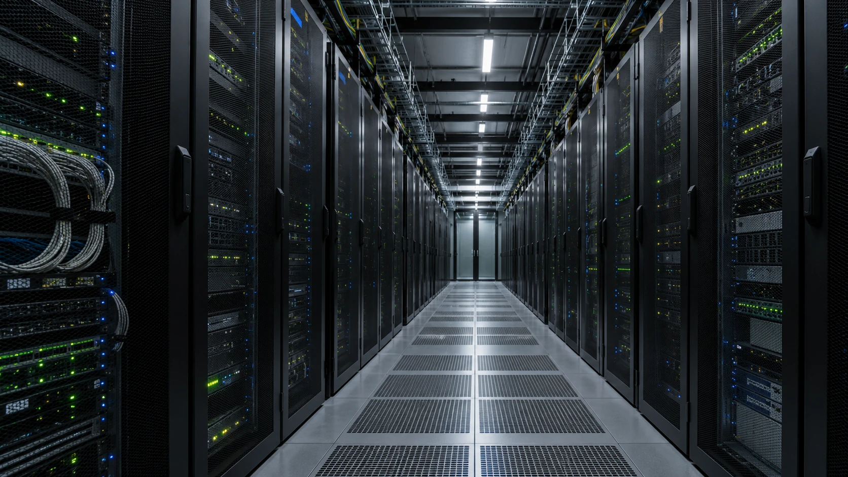Illustratieve infrastructuur met serverkasten en diepe perspectieflijnen