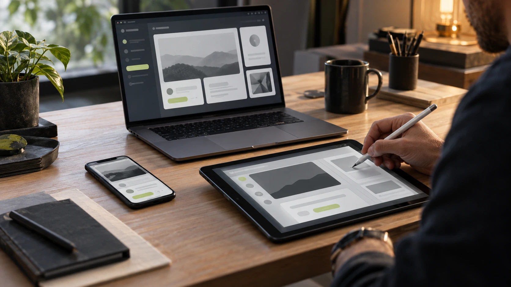 Illustratief productontwerp op een tablet, telefoon en laptop